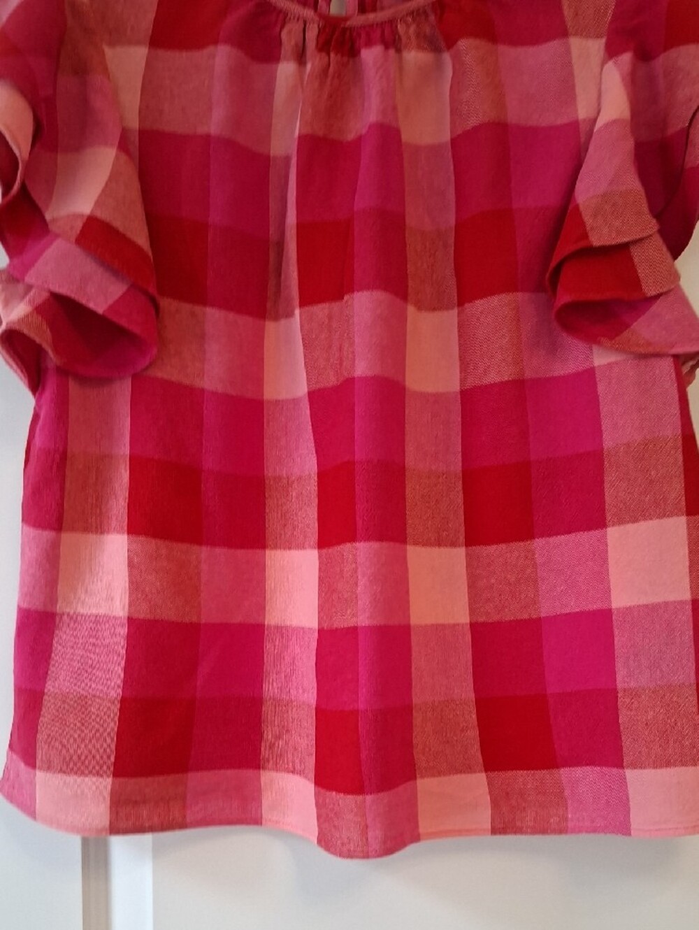 Kate Spade Pink & Red Gingham Ruffle Blouse Short Sleeve Top Linen Viscose - Picture 8 of 16